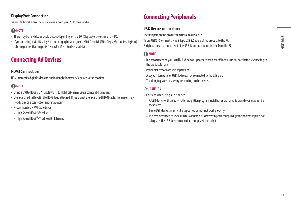 Connecting av devices, Connecting peripherals, Displayport connection | Hdmi connection, Usb device connection | LG 27GN95B-B 27" 16:9 144 Hz IPS 4K Gaming Monitor (Black & Red) User Manual | Page 17 / 33