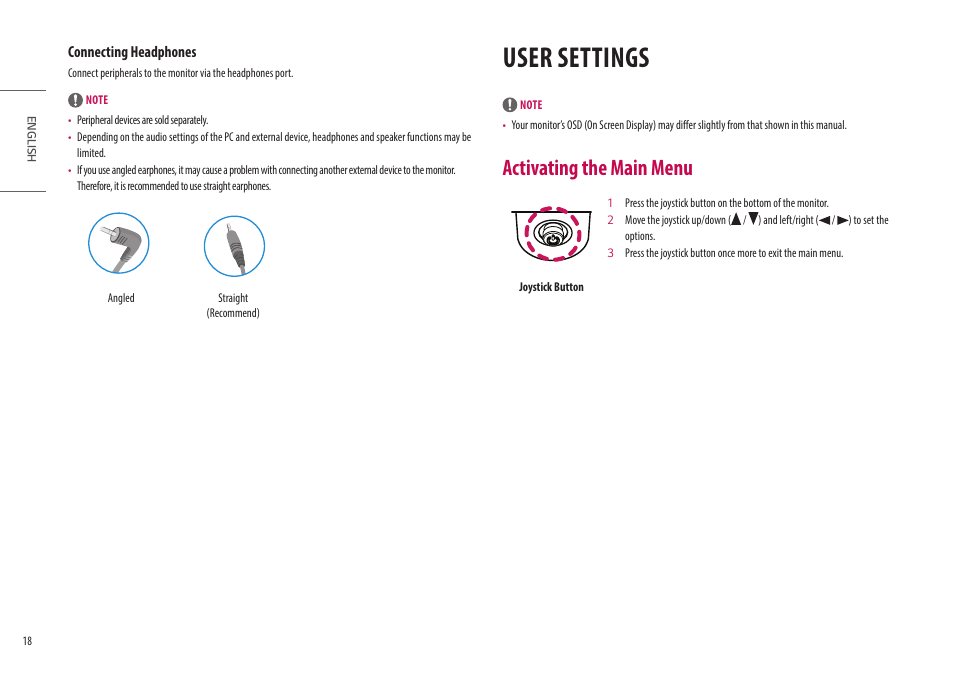 User settings, Activating the main menu | LG 27GN95B-B 27" 16:9 144 Hz IPS 4K Gaming Monitor (Black & Red) User Manual | Page 18 / 33