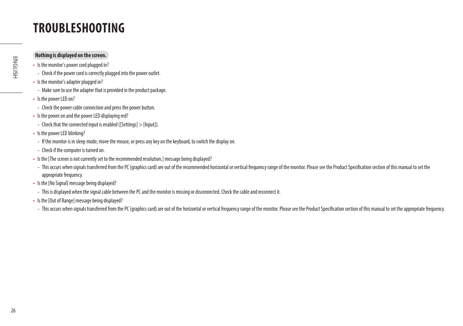 Troubleshooting | LG 27GN95B-B 27" 16:9 144 Hz IPS 4K Gaming Monitor (Black & Red) User Manual | Page 26 / 33