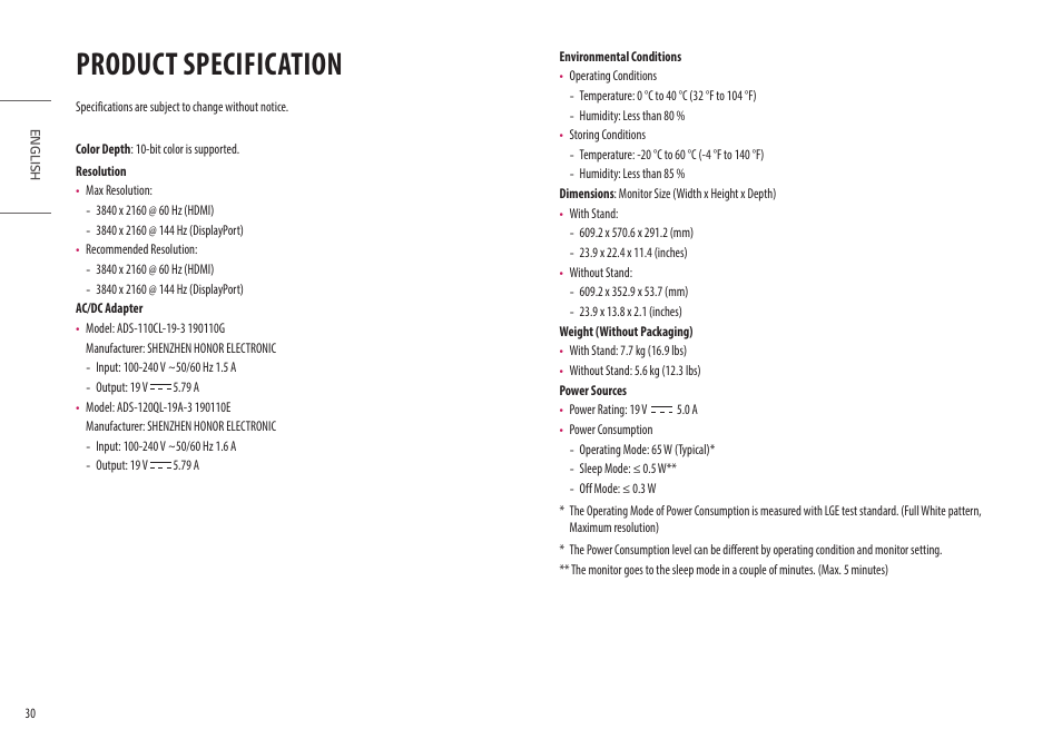 Product specification | LG 27GN95B-B 27" 16:9 144 Hz IPS 4K Gaming Monitor (Black & Red) User Manual | Page 30 / 33