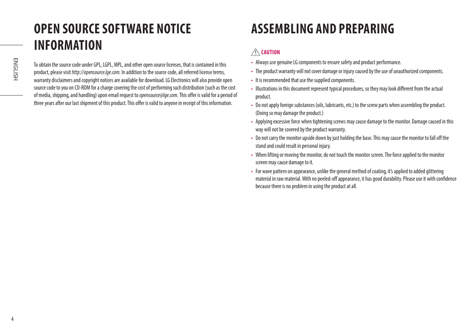 Open source software notice information, Assembling and preparing, Open source software notice | Information | LG 27GN95B-B 27" 16:9 144 Hz IPS 4K Gaming Monitor (Black & Red) User Manual | Page 4 / 33