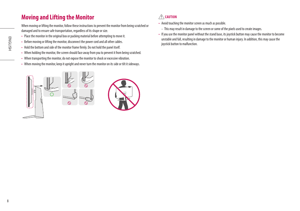 Moving and lifting the monitor | LG 27GN95B-B 27" 16:9 144 Hz IPS 4K Gaming Monitor (Black & Red) User Manual | Page 8 / 33