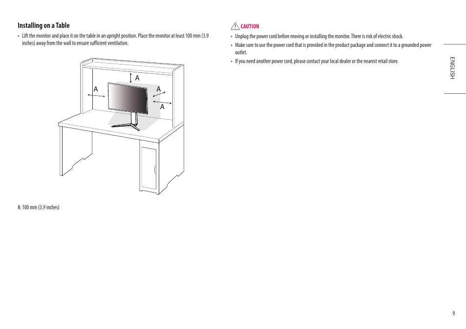 Installing on a table | LG 27GN95B-B 27" 16:9 144 Hz IPS 4K Gaming Monitor (Black & Red) User Manual | Page 9 / 33