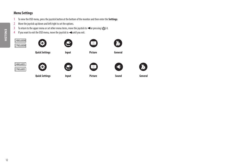 Menu settings | LG 27ML600M-B 27" 16:9 Radeon FreeSync IPS Monitor User Manual | Page 12 / 30