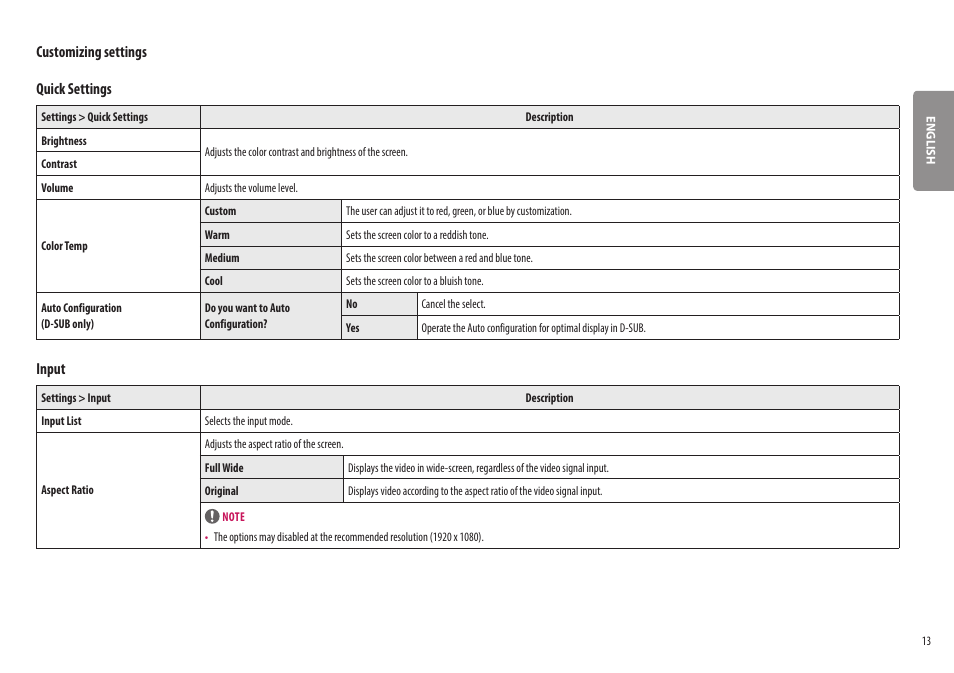 Customizing settings quick settings, Input | LG 27ML600M-B 27" 16:9 Radeon FreeSync IPS Monitor User Manual | Page 13 / 30