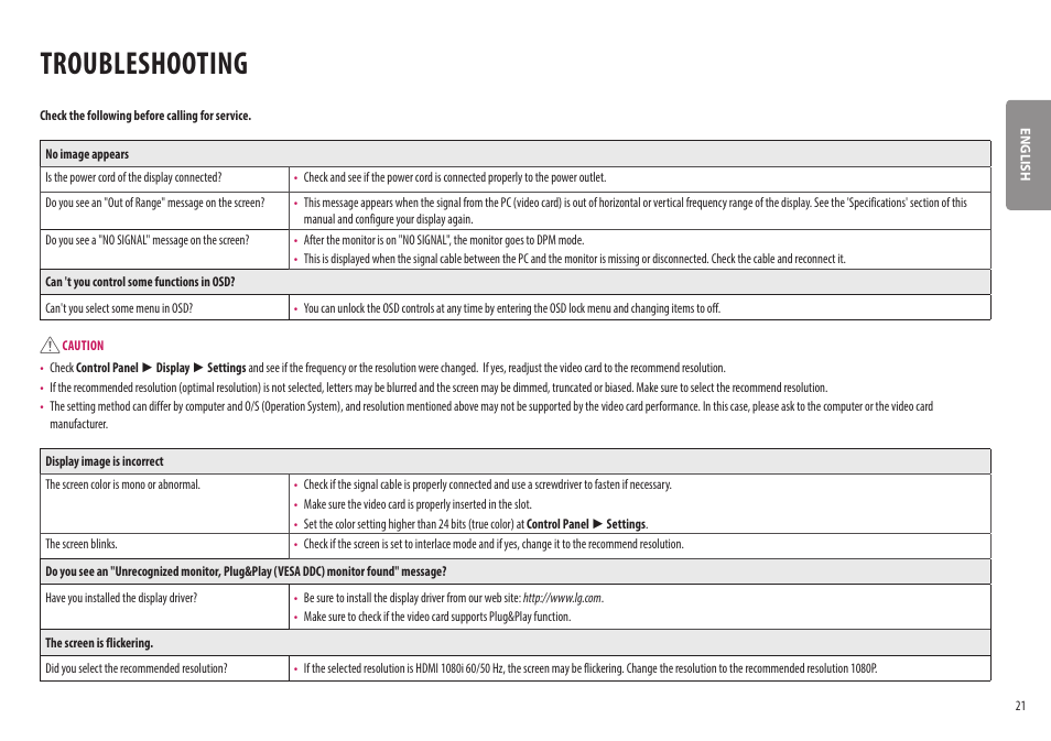 Troubleshooting | LG 27ML600M-B 27" 16:9 Radeon FreeSync IPS Monitor User Manual | Page 21 / 30