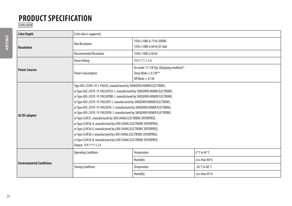 Product specification | LG 27ML600M-B 27" 16:9 Radeon FreeSync IPS Monitor User Manual | Page 22 / 30