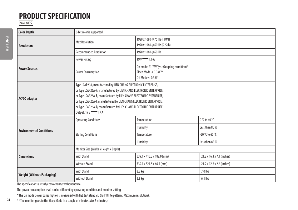 Product specification | LG 27ML600M-B 27" 16:9 Radeon FreeSync IPS Monitor User Manual | Page 24 / 30