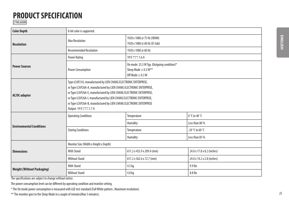 Product specification | LG 27ML600M-B 27" 16:9 Radeon FreeSync IPS Monitor User Manual | Page 25 / 30