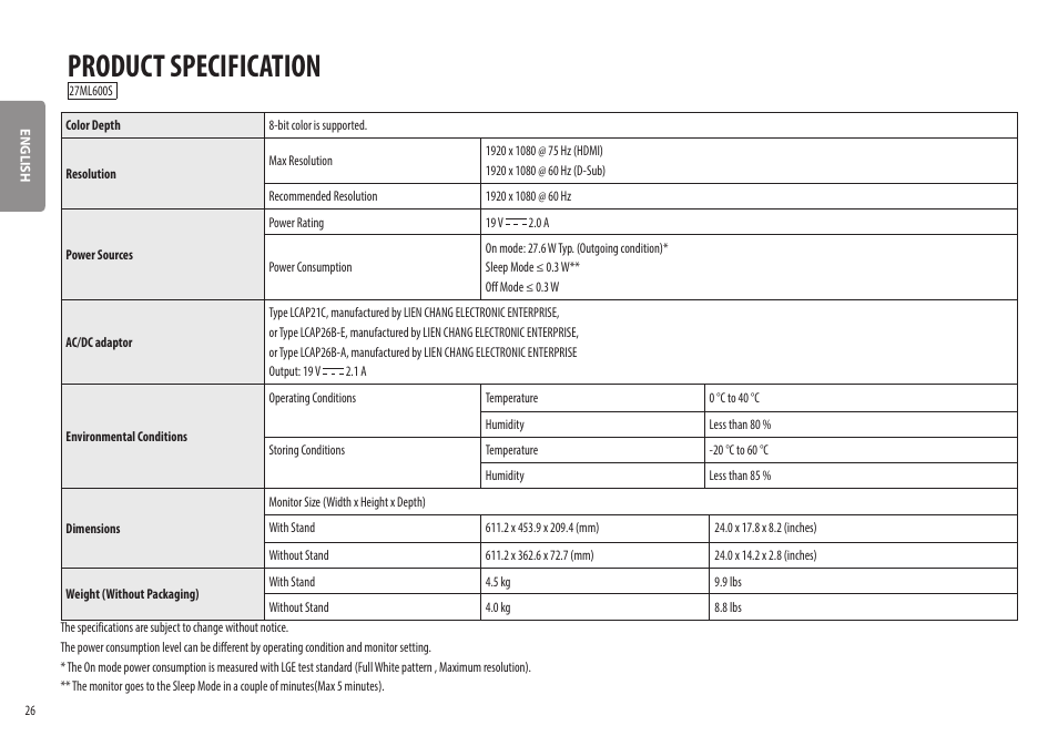 Product specification | LG 27ML600M-B 27" 16:9 Radeon FreeSync IPS Monitor User Manual | Page 26 / 30