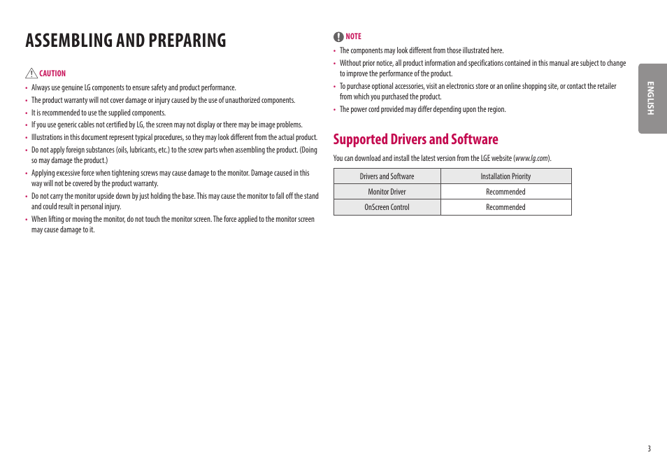 Assembling and preparing, Supported drivers and software | LG 27ML600M-B 27" 16:9 Radeon FreeSync IPS Monitor User Manual | Page 3 / 30