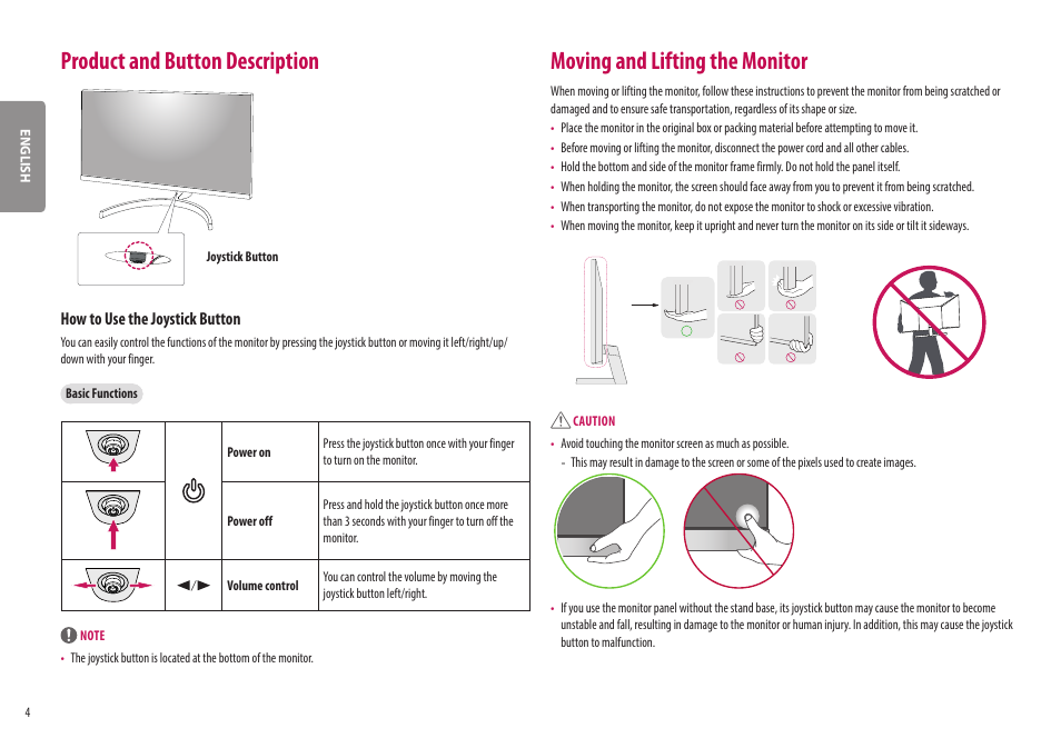 Product and button description, Moving and lifting the monitor, How to use the joystick button | LG 27ML600M-B 27" 16:9 Radeon FreeSync IPS Monitor User Manual | Page 4 / 30