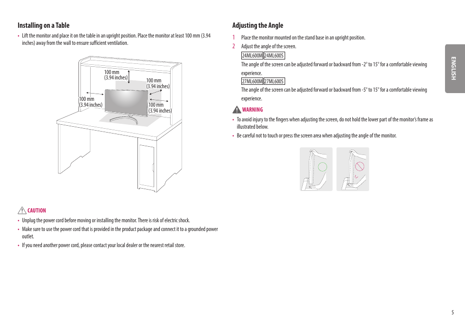 Installing on a table, Adjusting the angle | LG 27ML600M-B 27" 16:9 Radeon FreeSync IPS Monitor User Manual | Page 5 / 30