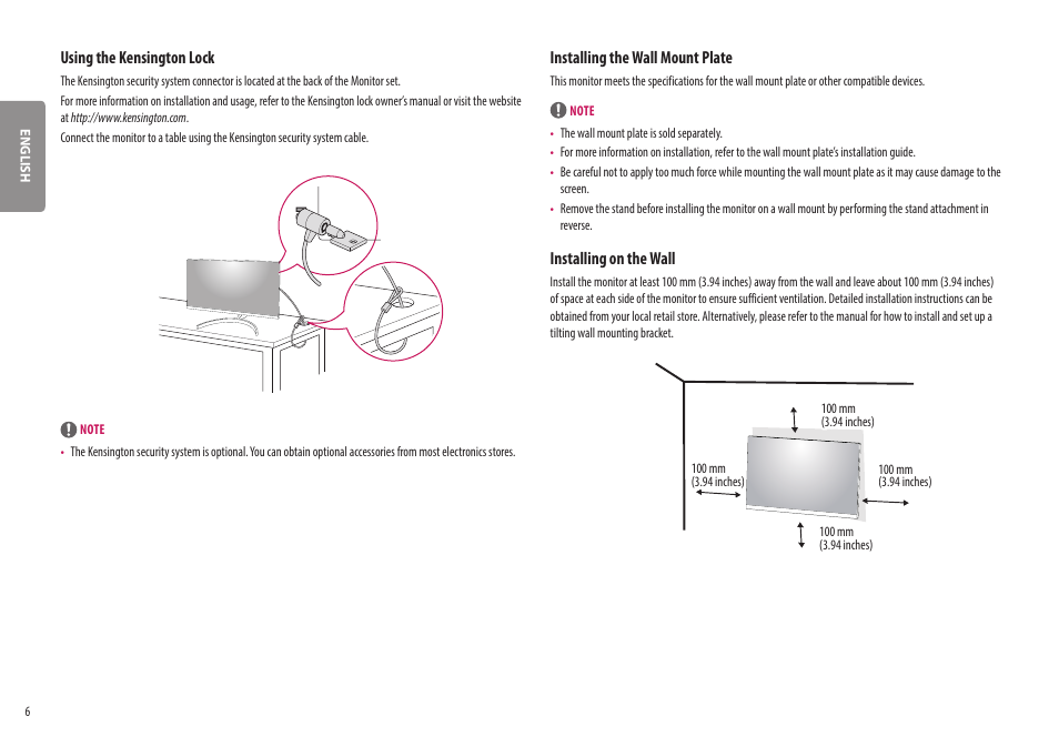 Using the kensington lock, Installing the wall mount plate, Installing on the wall | LG 27ML600M-B 27" 16:9 Radeon FreeSync IPS Monitor User Manual | Page 6 / 30
