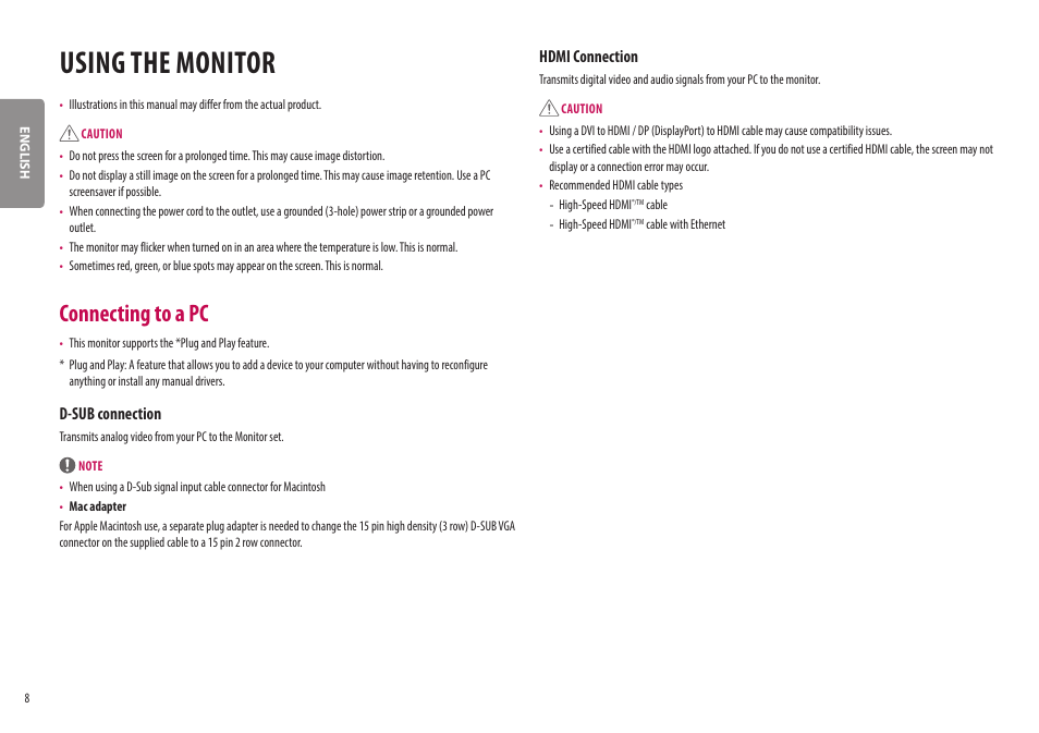 Using the monitor, Connecting to a pc, D-sub connection | Hdmi connection | LG 27ML600M-B 27" 16:9 Radeon FreeSync IPS Monitor User Manual | Page 8 / 30