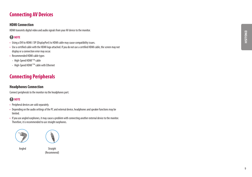 Connecting av devices, Connecting peripherals, Hdmi connection | Headphones connection | LG 27ML600M-B 27" 16:9 Radeon FreeSync IPS Monitor User Manual | Page 9 / 30