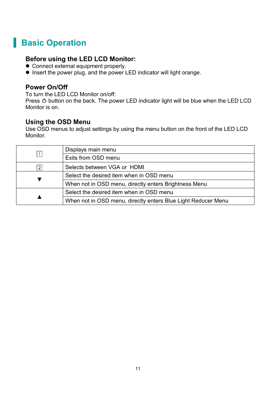 Basic operation | Planar Systems PLN2700 27" Monitor User Manual | Page 13 / 26