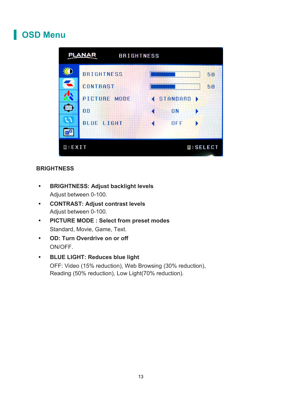 Brightness: adjust backlight levels, Contrast: adjust contrast levels, Picture mode : select from preset modes | Od: turn overdrive on or off, Blue light: reduces blue light, Osd menu | Planar Systems PLN2700 27" Monitor User Manual | Page 15 / 26