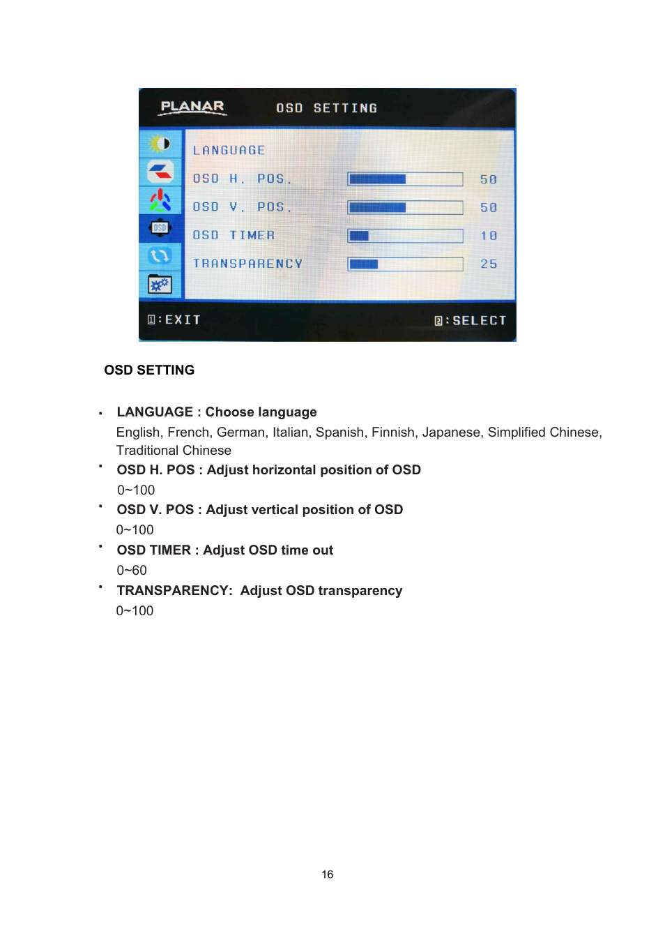 Language : choose language, Osd h. pos : adjust horizontal position of osd, Osd v. pos : adjust vertical position of osd | Osd timer : adjust osd time out, Transparency: adjust osd transparency | Planar Systems PLN2700 27" Monitor User Manual | Page 18 / 26