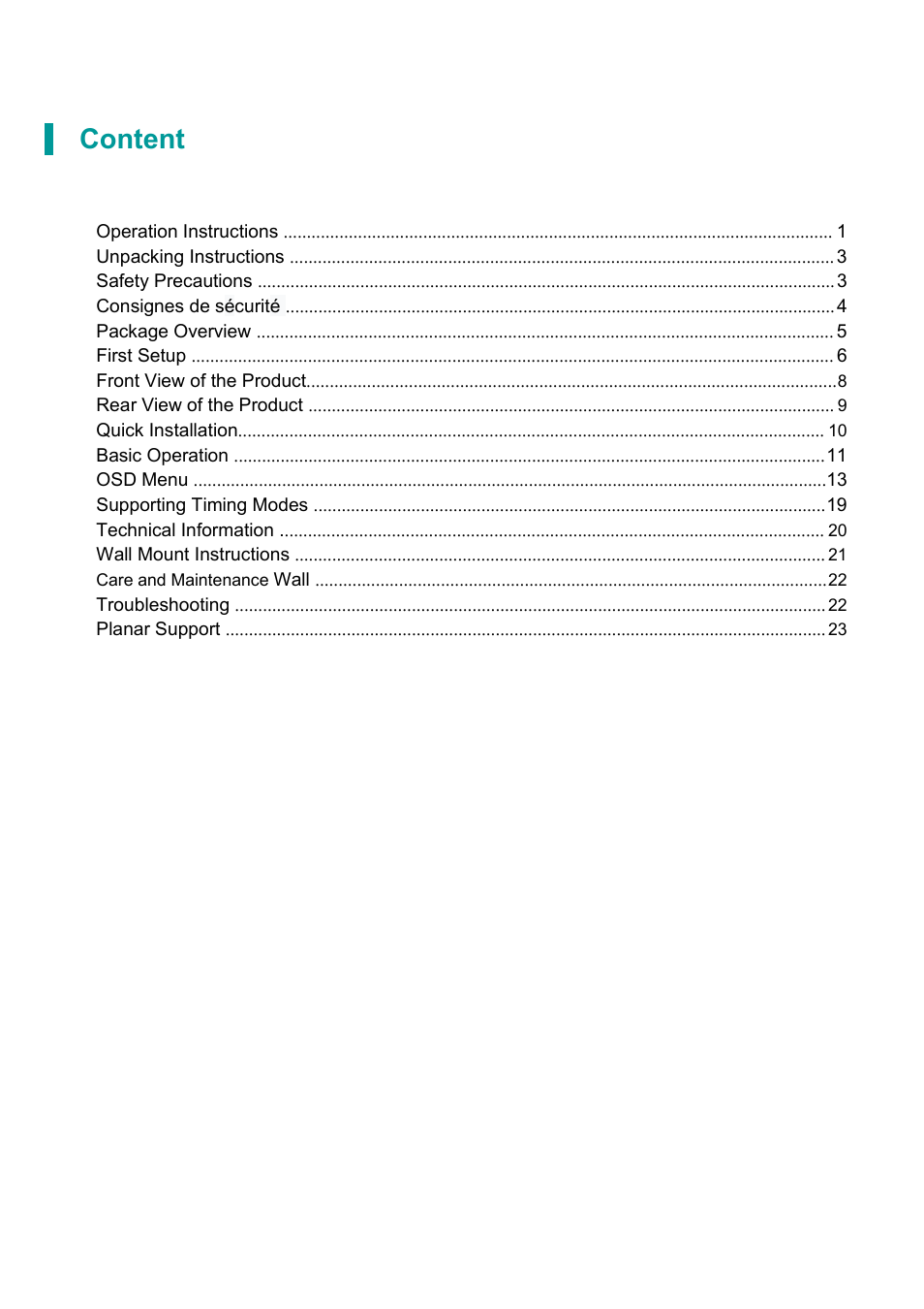 Content | Planar Systems PLN2700 27" Monitor User Manual | Page 2 / 26