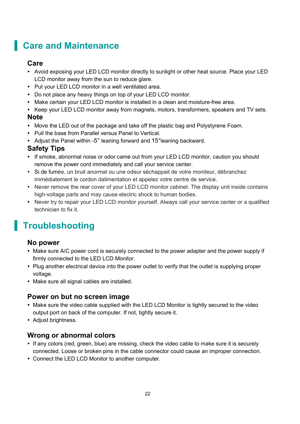 Care and maintenance, Troubleshooting, Care | Safety tips, No power, Power on but no screen image, Wrong or abnormal colors | Planar Systems PLN2700 27" Monitor User Manual | Page 24 / 26