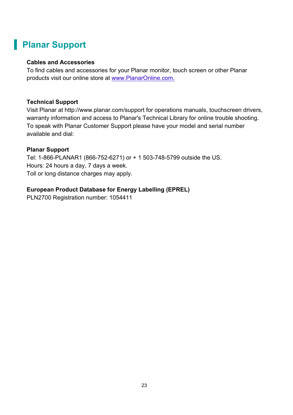 Planar support | Planar Systems PLN2700 27" Monitor User Manual | Page 25 / 26