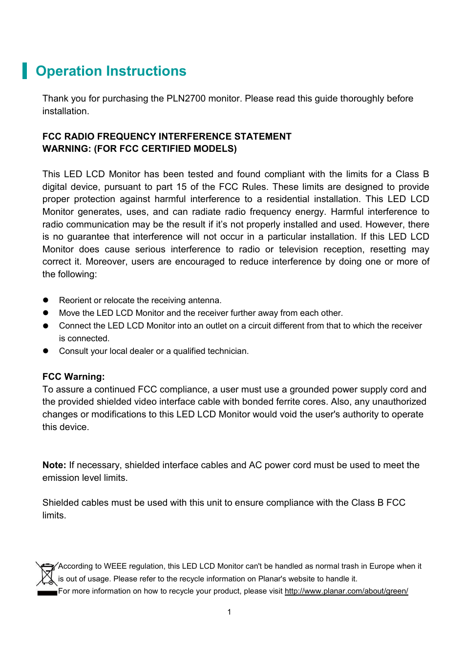 Operation instructions | Planar Systems PLN2700 27" Monitor User Manual | Page 3 / 26