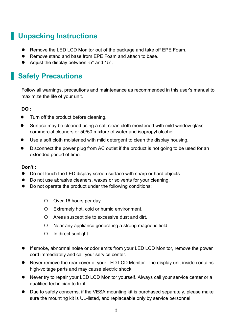 Unpacking instructions, Safety precautions | Planar Systems PLN2700 27" Monitor User Manual | Page 5 / 26