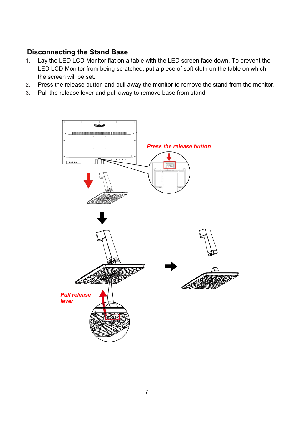 Disconnecting the stand base | Planar Systems PLN2700 27" Monitor User Manual | Page 9 / 26