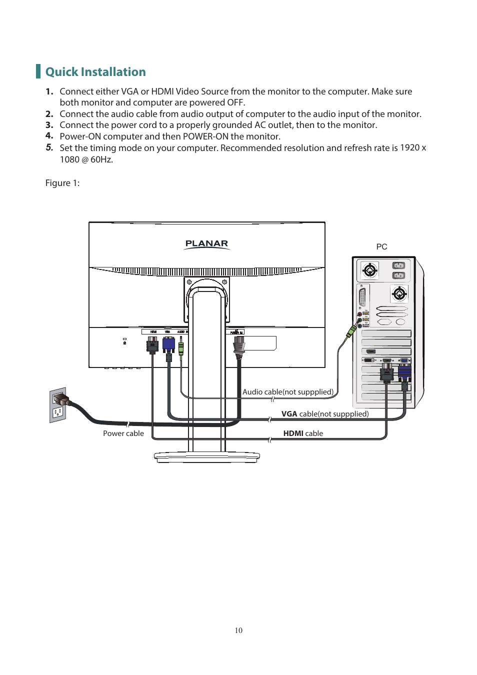 Quick installation | Planar Systems PLL2251MW 21.5" 16:9 Full HD LED LCD Monitor User Manual | Page 11 / 23