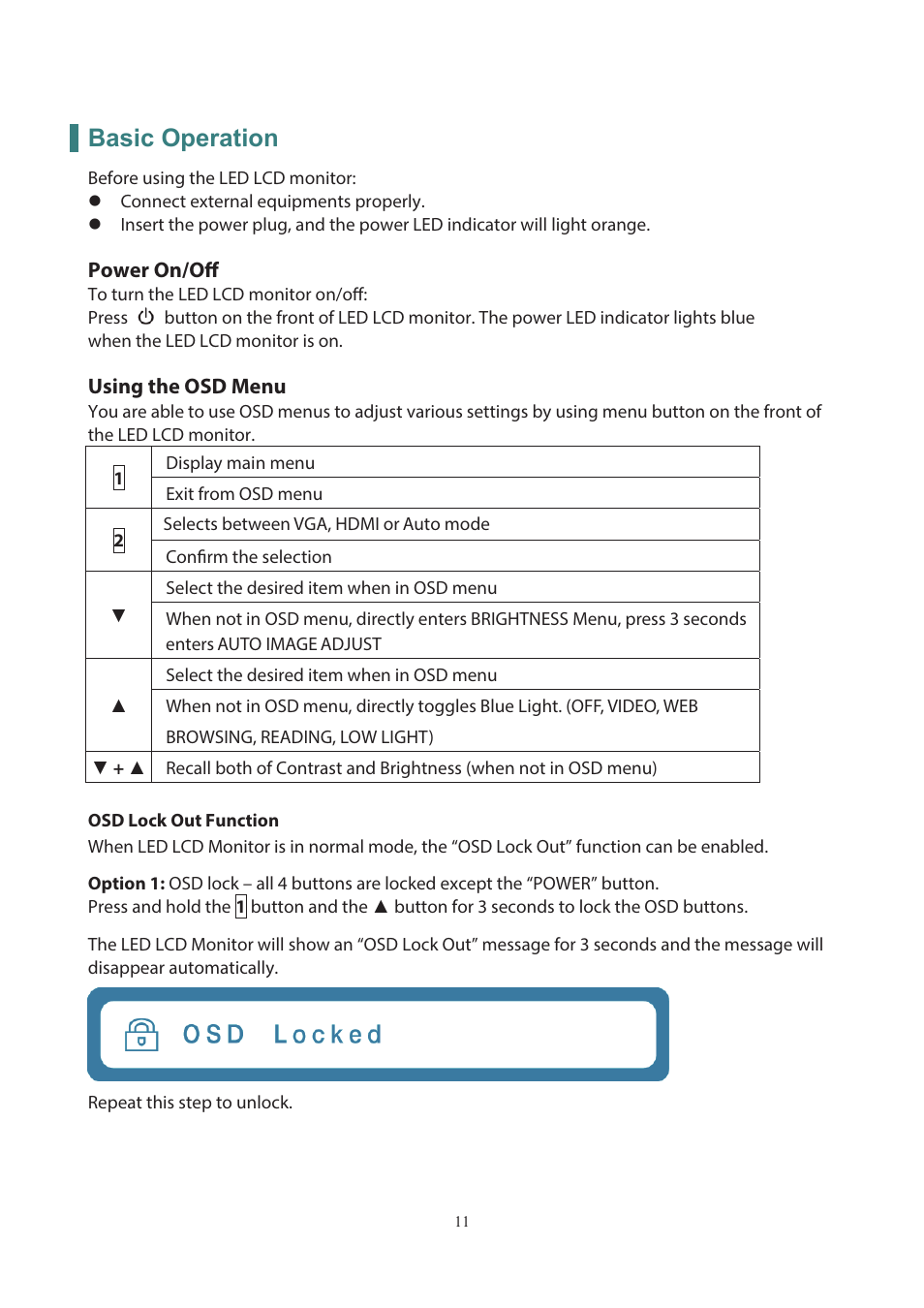 Basic operation | Planar Systems PLL2251MW 21.5" 16:9 Full HD LED LCD Monitor User Manual | Page 12 / 23