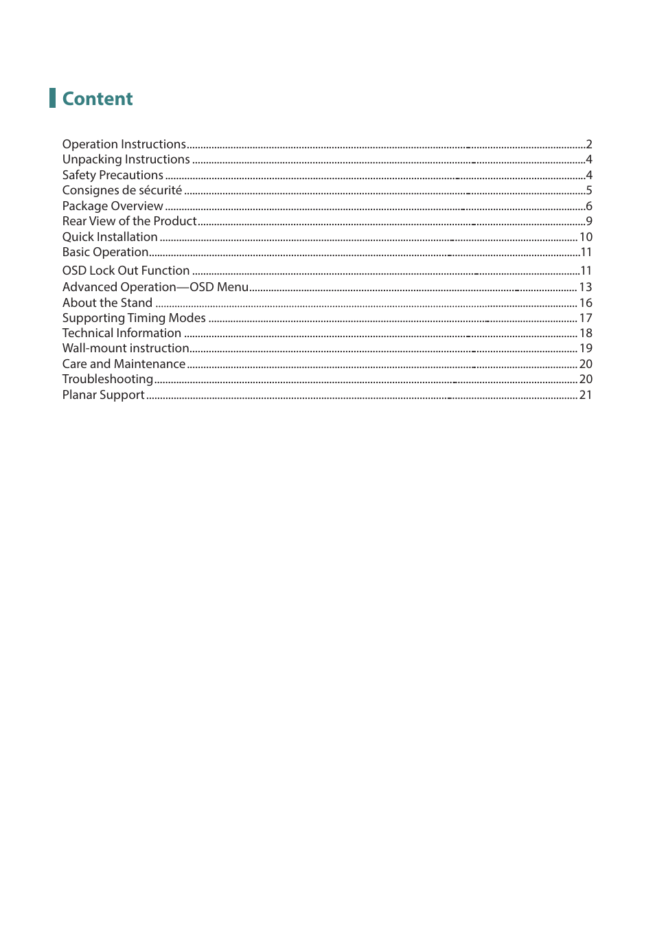Content | Planar Systems PLL2251MW 21.5" 16:9 Full HD LED LCD Monitor User Manual | Page 2 / 23