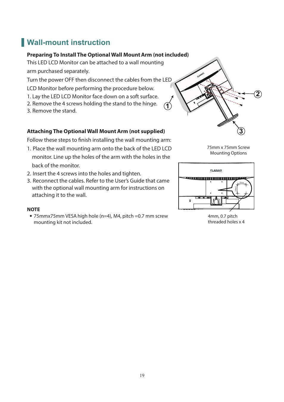 Wall-mount instruction | Planar Systems PLL2251MW 21.5" 16:9 Full HD LED LCD Monitor User Manual | Page 20 / 23