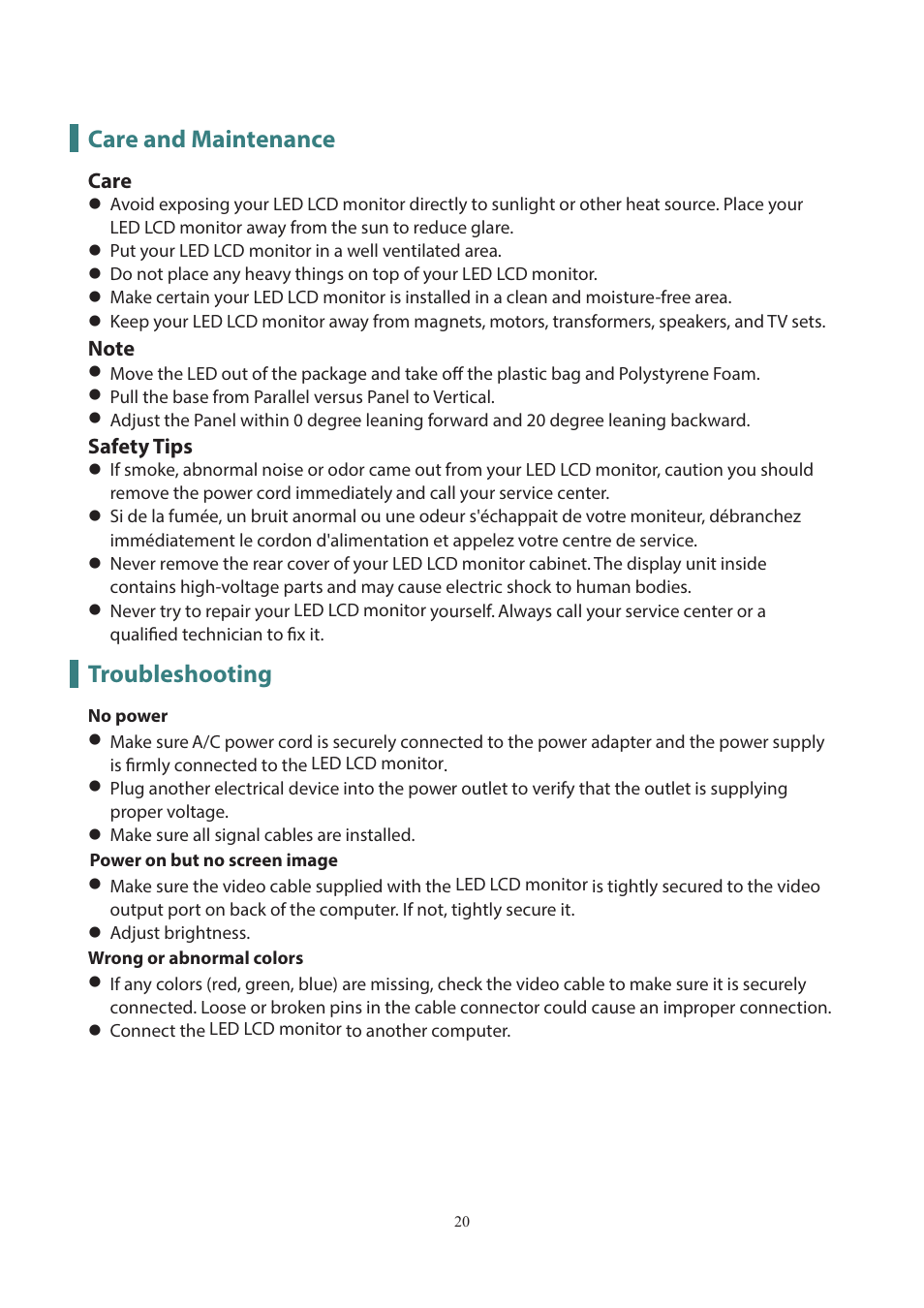 Care and maintenance, Troubleshooting | Planar Systems PLL2251MW 21.5" 16:9 Full HD LED LCD Monitor User Manual | Page 21 / 23