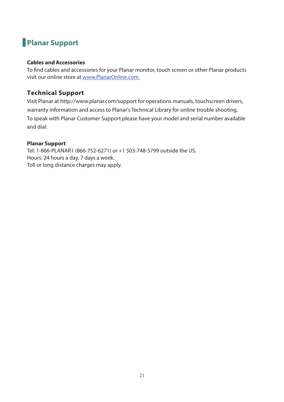 Planar support | Planar Systems PLL2251MW 21.5" 16:9 Full HD LED LCD Monitor User Manual | Page 22 / 23