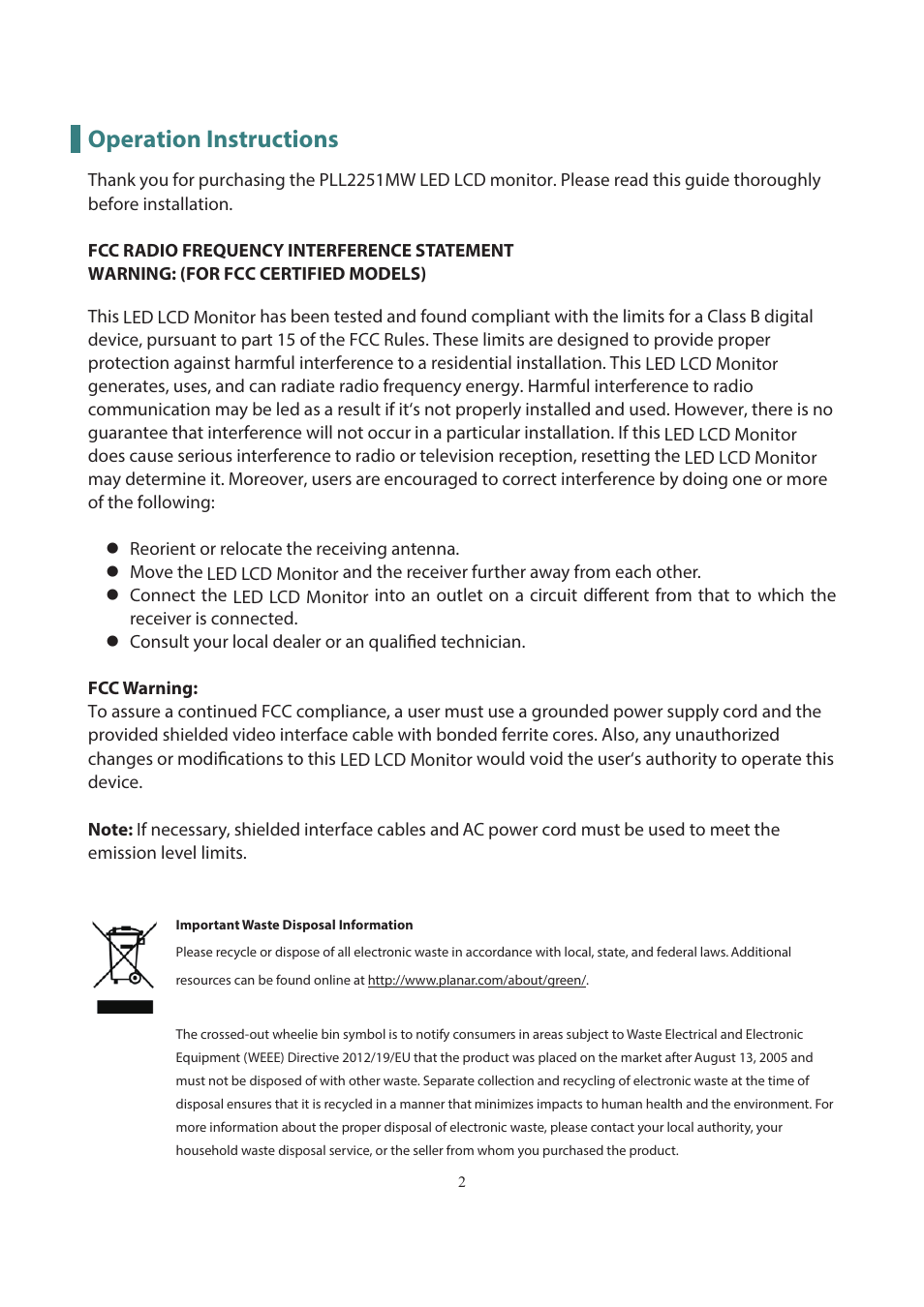 Operation instructions | Planar Systems PLL2251MW 21.5" 16:9 Full HD LED LCD Monitor User Manual | Page 3 / 23