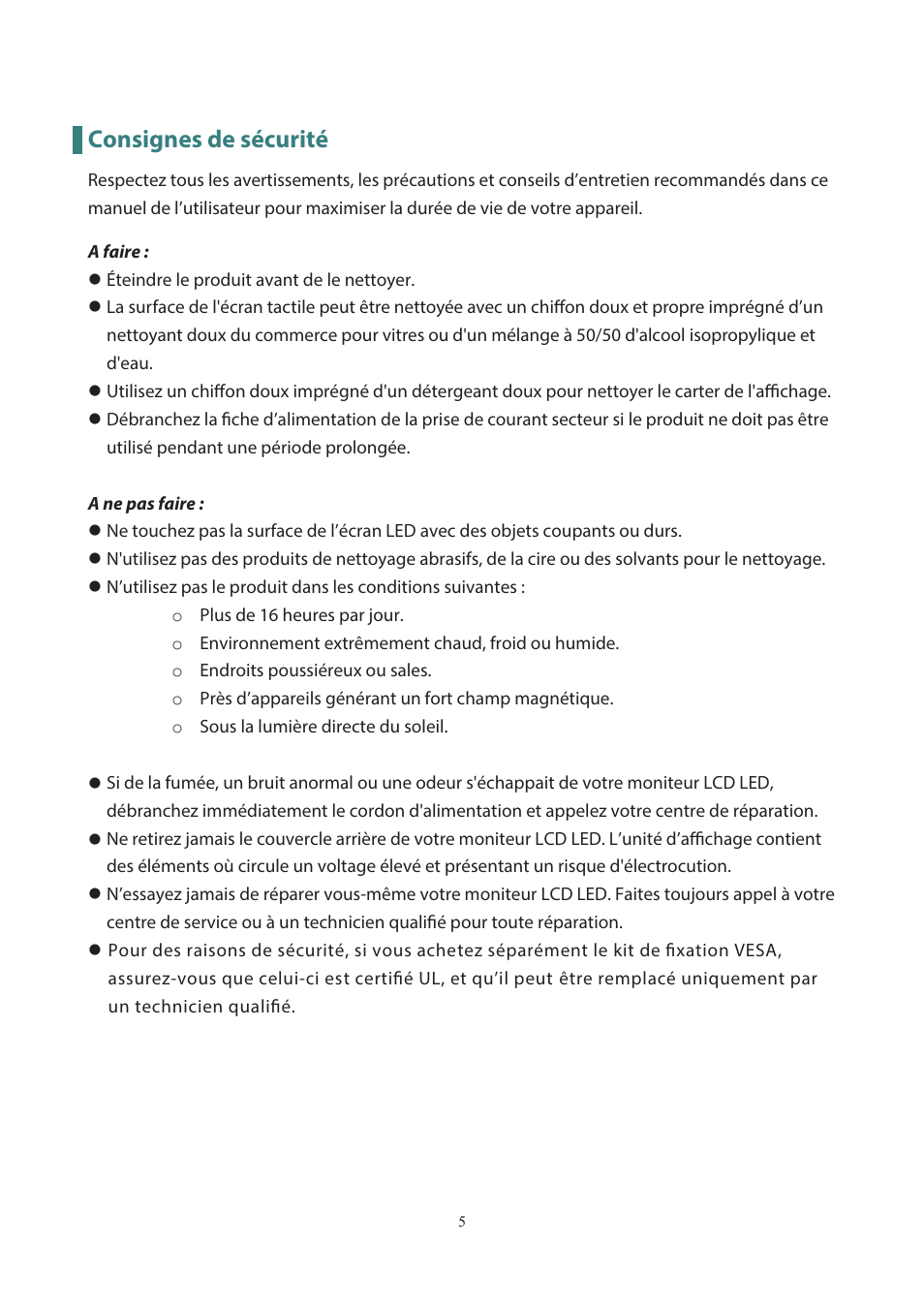 Consignes de sécurité | Planar Systems PLL2251MW 21.5" 16:9 Full HD LED LCD Monitor User Manual | Page 6 / 23