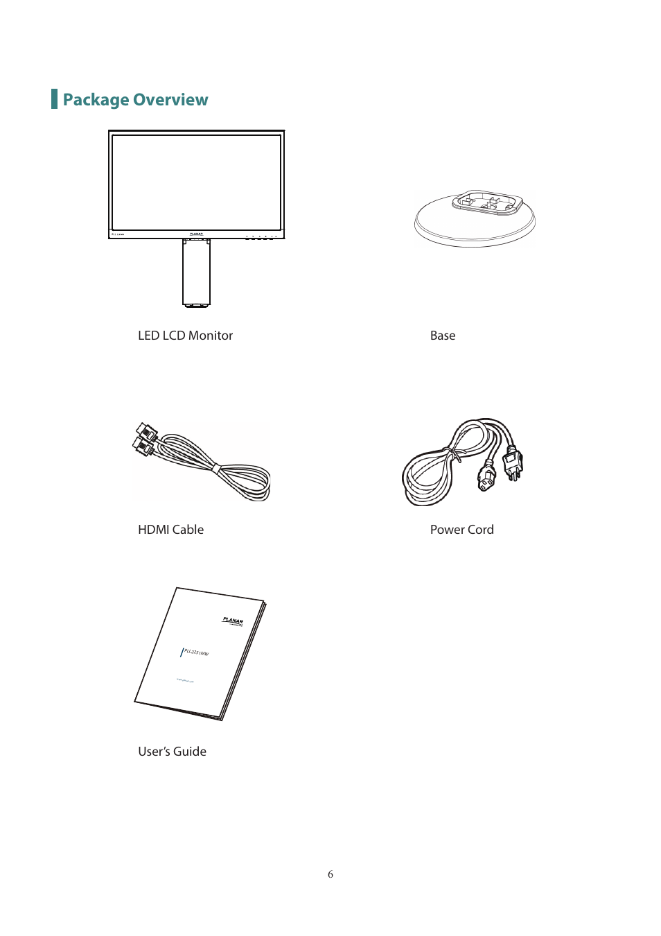 Package overview | Planar Systems PLL2251MW 21.5" 16:9 Full HD LED LCD Monitor User Manual | Page 7 / 23