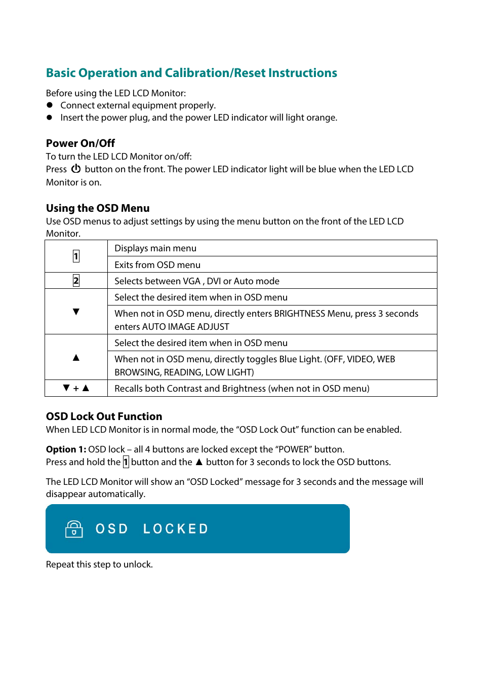 Basic operation and calibration/reset instructions | Planar Systems PLN2770W 27" 16:9 IPS Monitor User Manual | Page 12 / 22