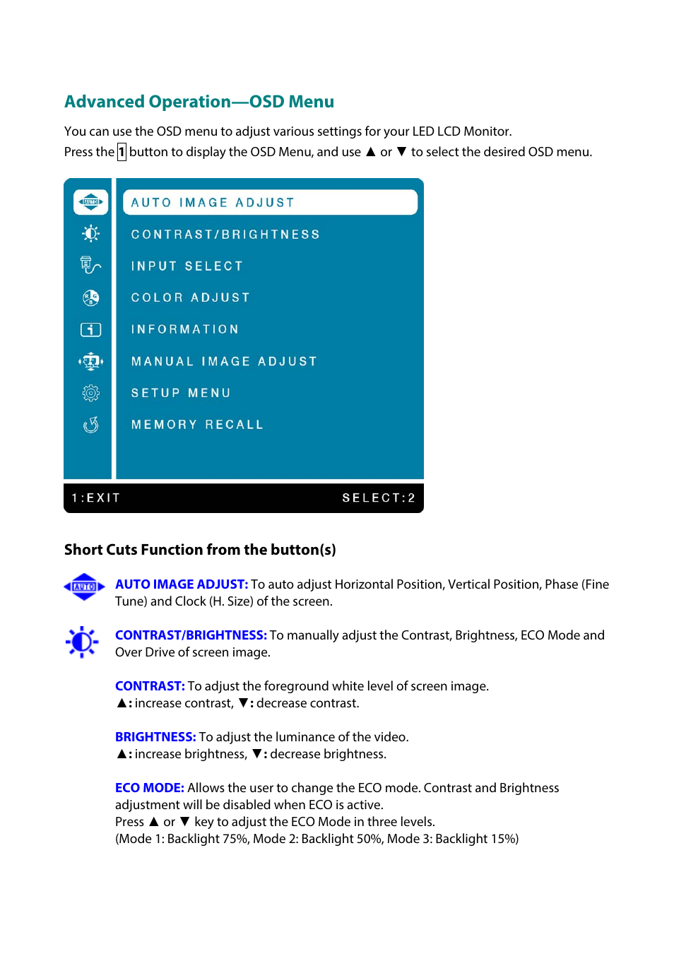 Advanced operation—osd menu | Planar Systems PLN2770W 27" 16:9 IPS Monitor User Manual | Page 14 / 22