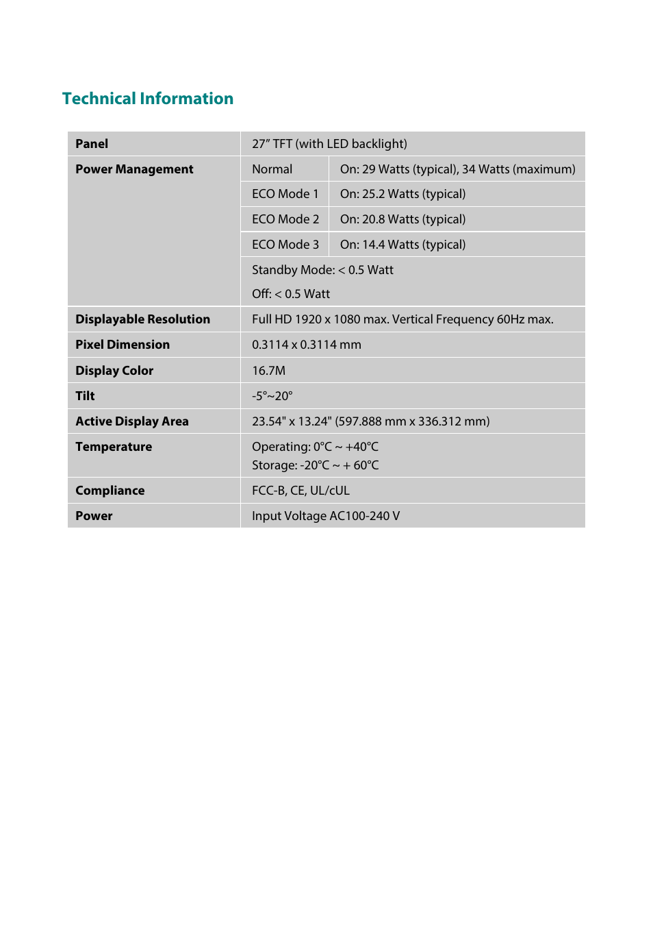 Technical information | Planar Systems PLN2770W 27" 16:9 IPS Monitor User Manual | Page 18 / 22