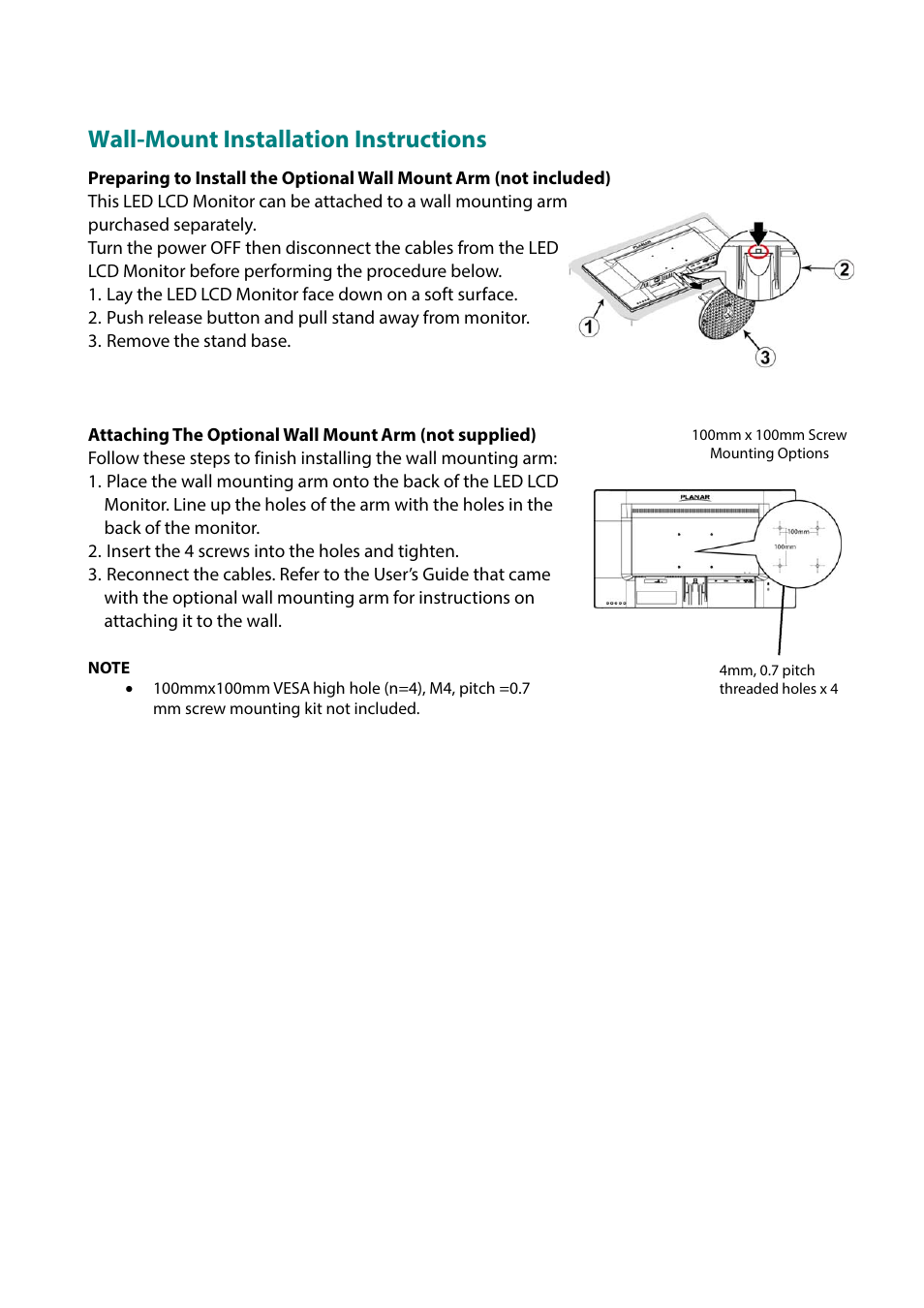 Wall-mount installation instructions | Planar Systems PLN2770W 27" 16:9 IPS Monitor User Manual | Page 19 / 22