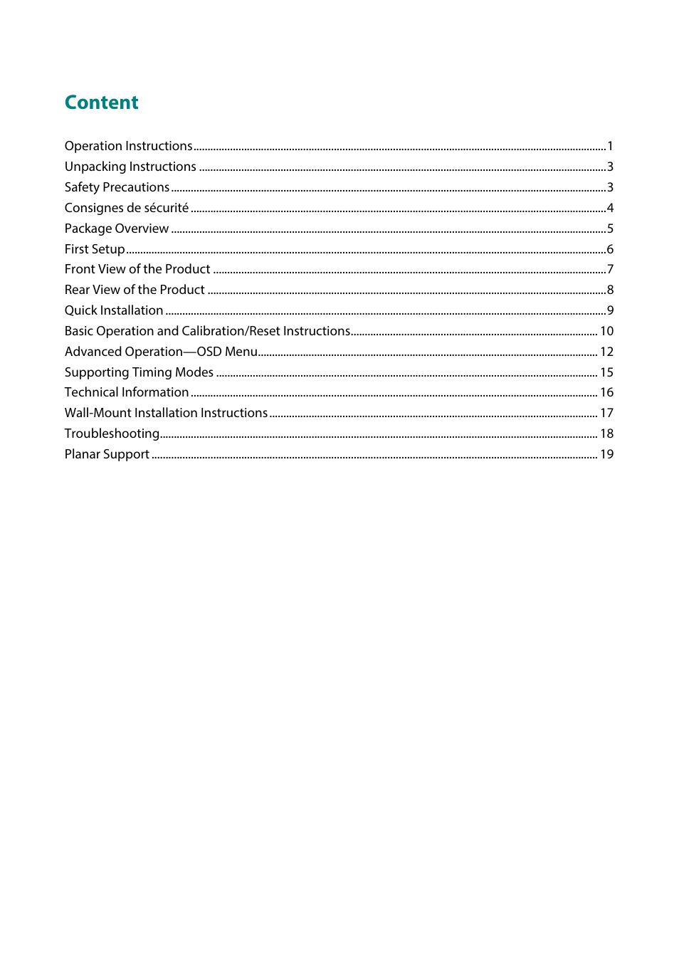 Content | Planar Systems PLN2770W 27" 16:9 IPS Monitor User Manual | Page 2 / 22