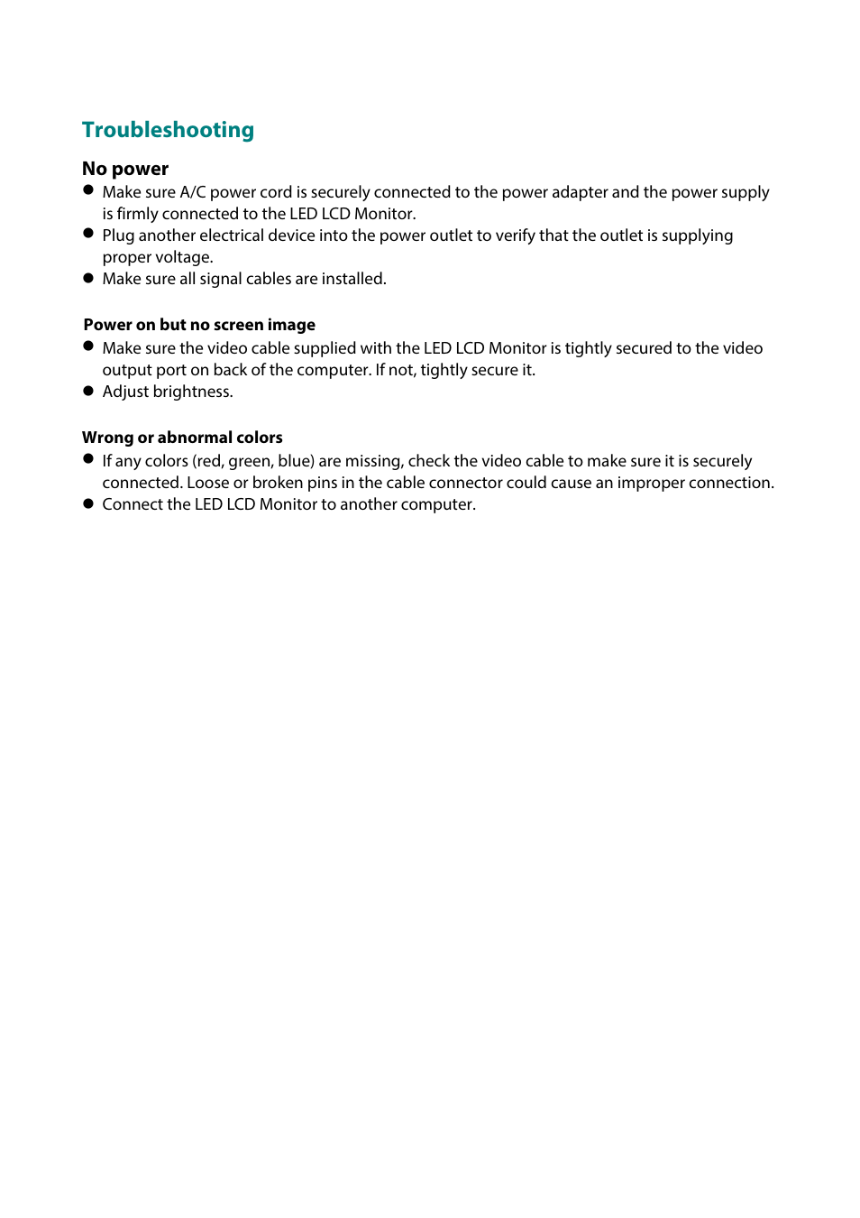 Troubleshooting | Planar Systems PLN2770W 27" 16:9 IPS Monitor User Manual | Page 20 / 22