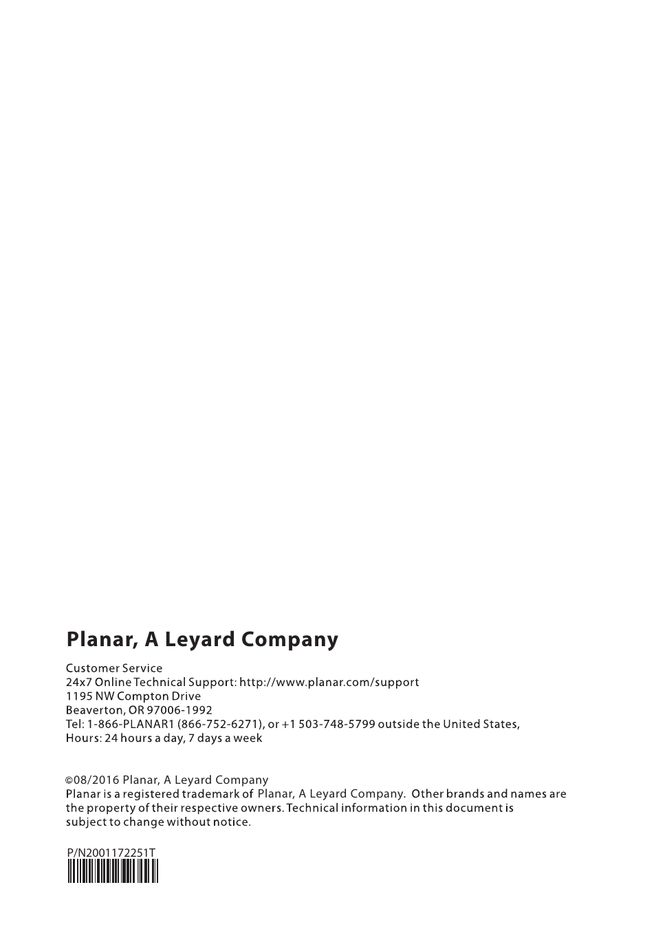 Planar, a leyard company | Planar Systems PLN2770W 27" 16:9 IPS Monitor User Manual | Page 22 / 22