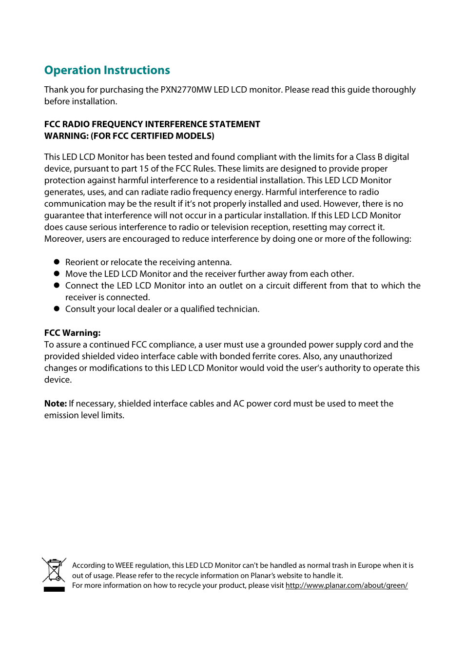Operation instructions | Planar Systems PLN2770W 27" 16:9 IPS Monitor User Manual | Page 3 / 22