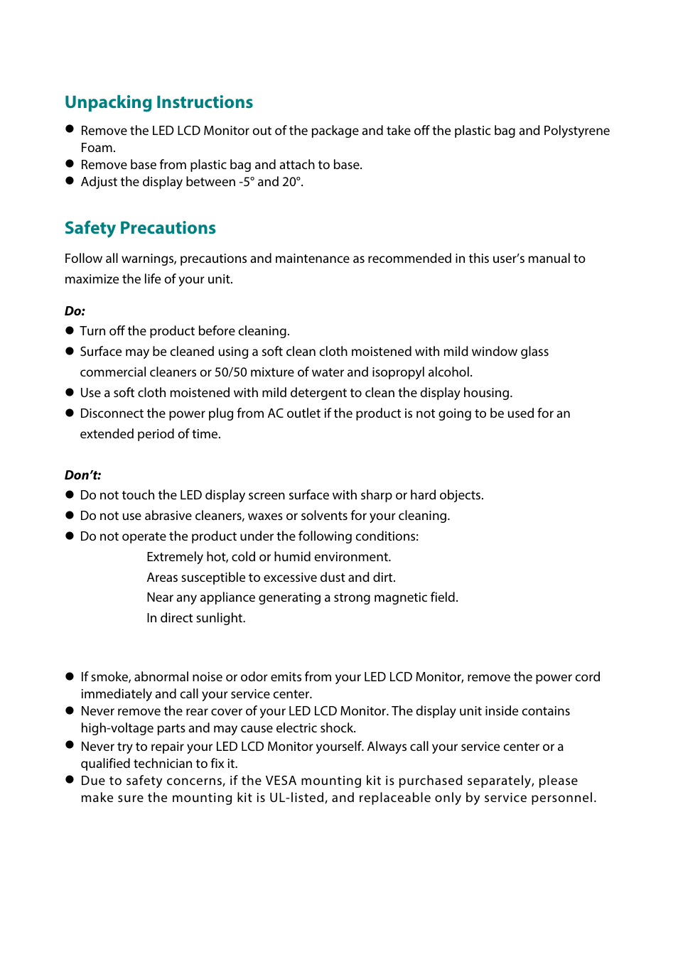 Unpacking instructions, Safety precautions | Planar Systems PLN2770W 27" 16:9 IPS Monitor User Manual | Page 5 / 22