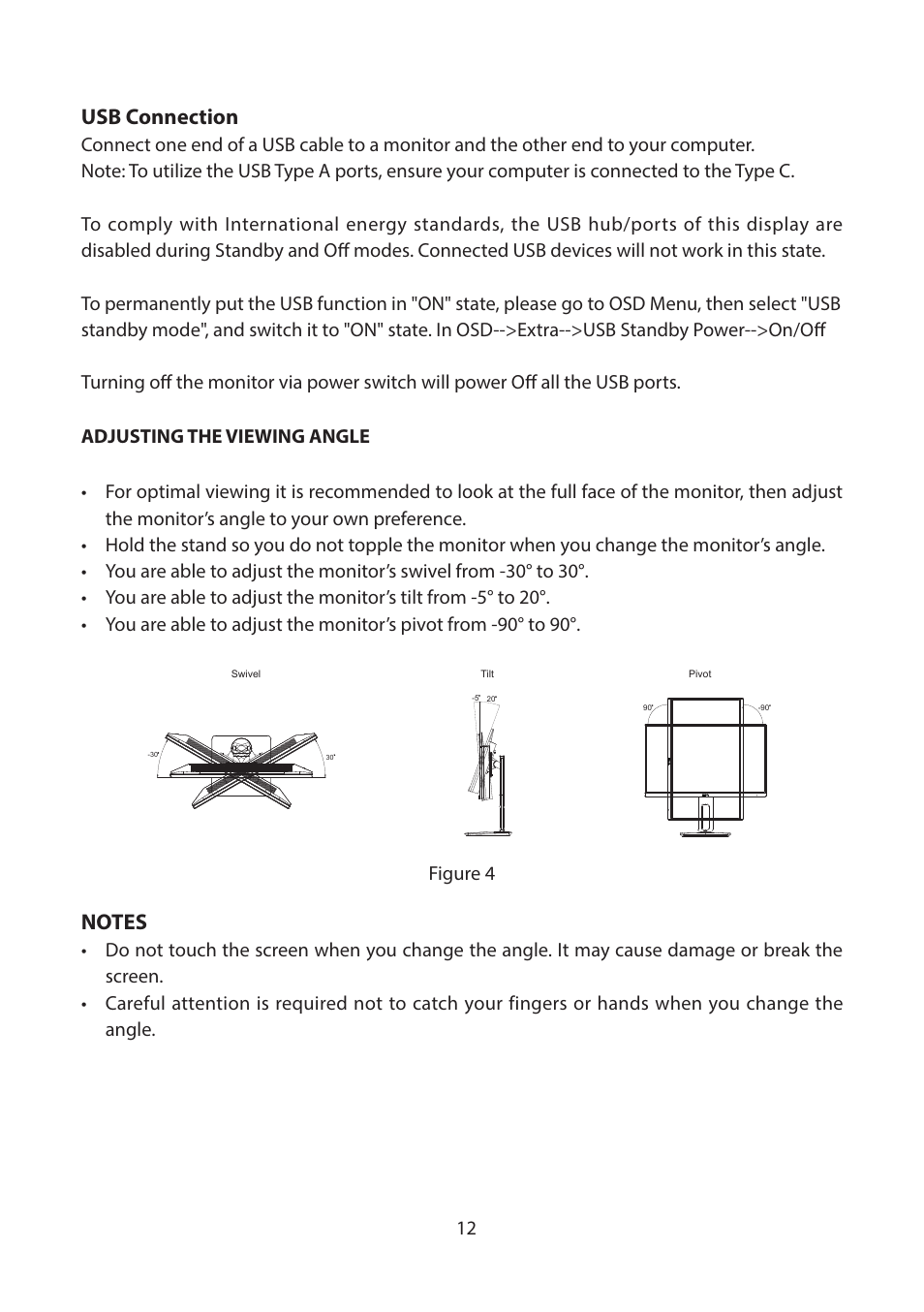 Adjusting the viewing angle, Usb connection, Figure 4 | Planar Systems PZD2410 23.8" Monitor User Manual | Page 14 / 32