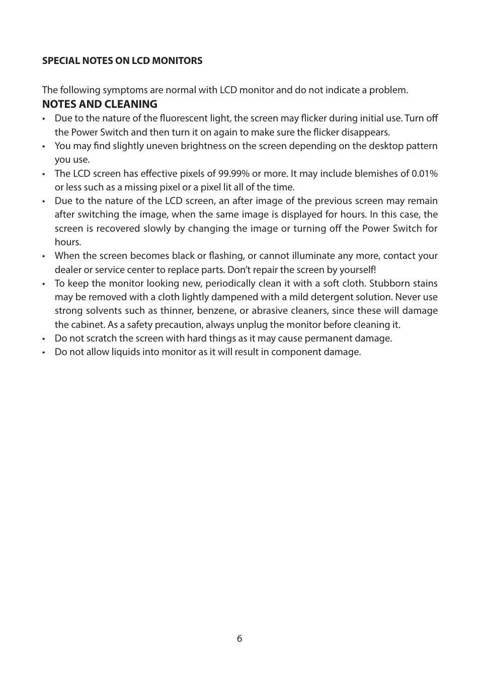 Special notes on lcd monitors | Planar Systems PZD2410 23.8" Monitor User Manual | Page 8 / 32