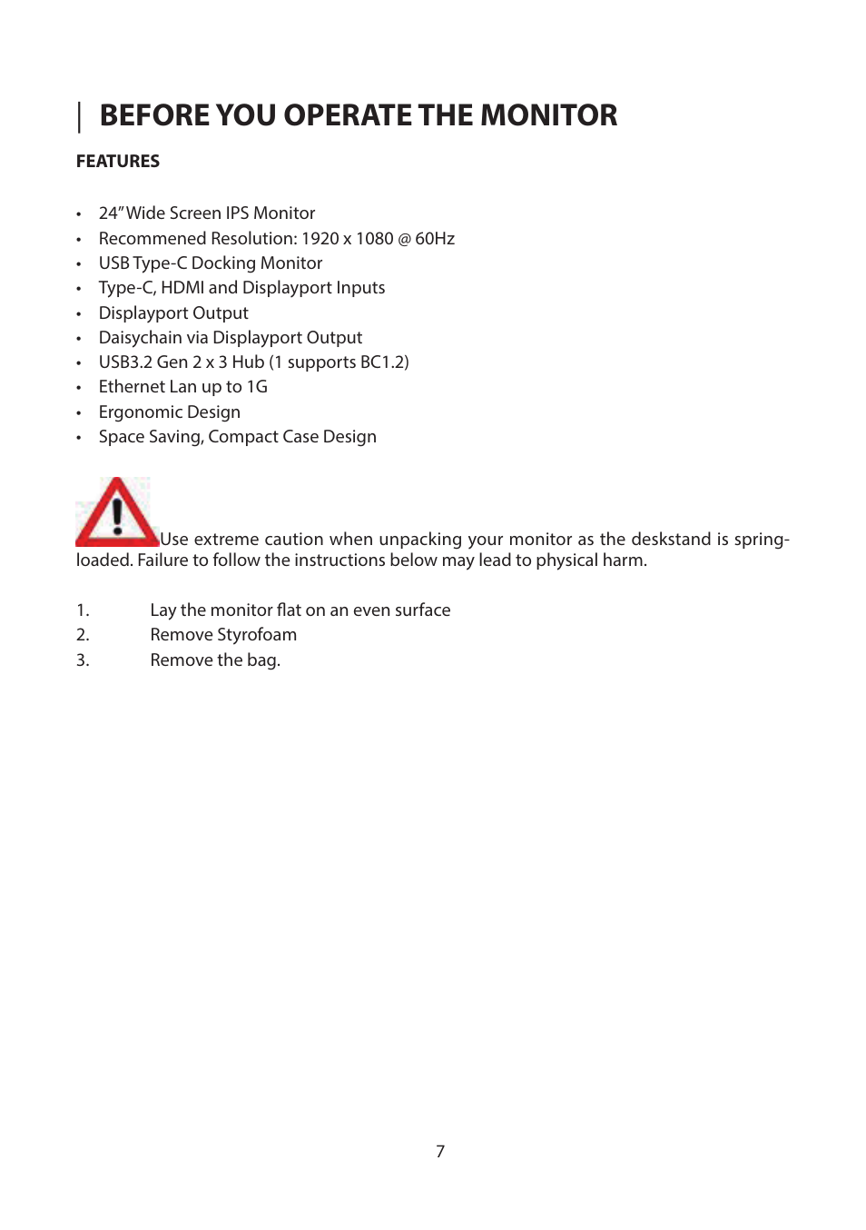 Before you operate the monitor, Features | Planar Systems PZD2410 23.8" Monitor User Manual | Page 9 / 32